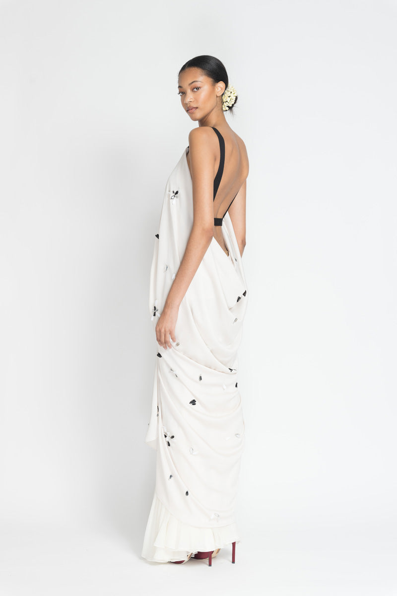 Stone Satin Crepe Palazzo Dress With Mirror Petals Embroidery And Silk Chiffon Skirt 4