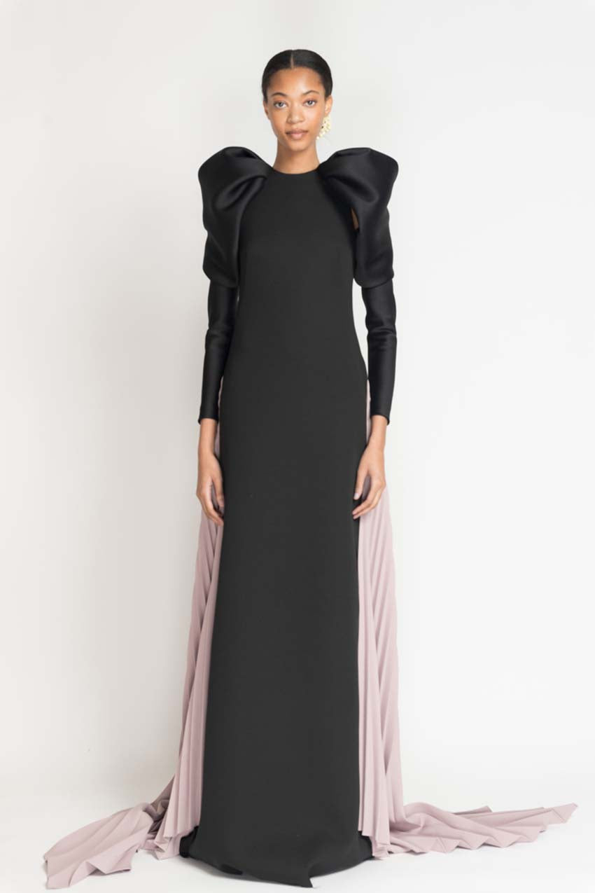 Black and Mauve Cady Rani Gown With Pleated Train And Draped Sleeves 1