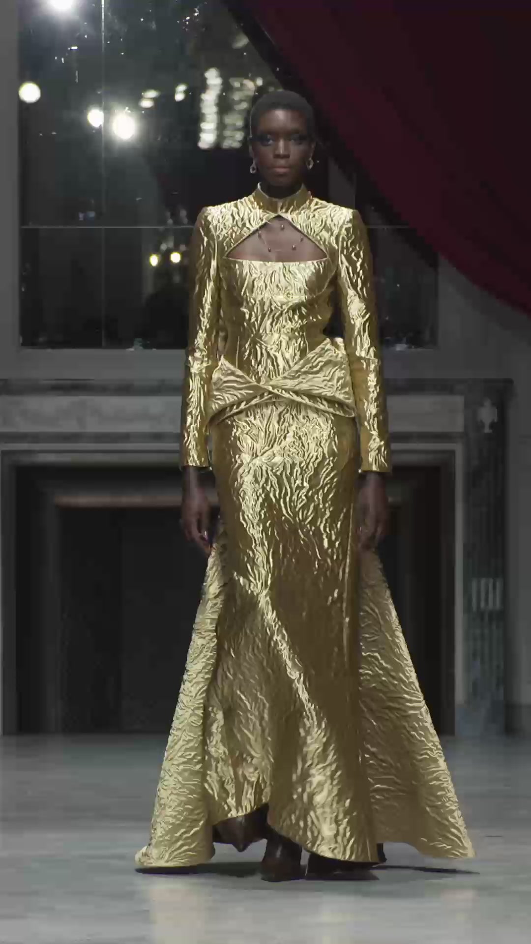 Hema Embossed Gold Jacquard Goddess Gown with Iris Drape