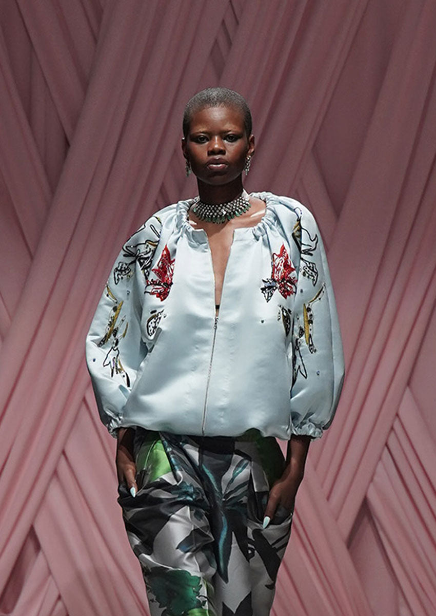 Lata Embroidered Aqua Double Face Duchess Cloud Bomber Jacket
