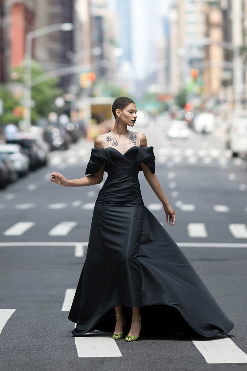 Strapless black evening gown