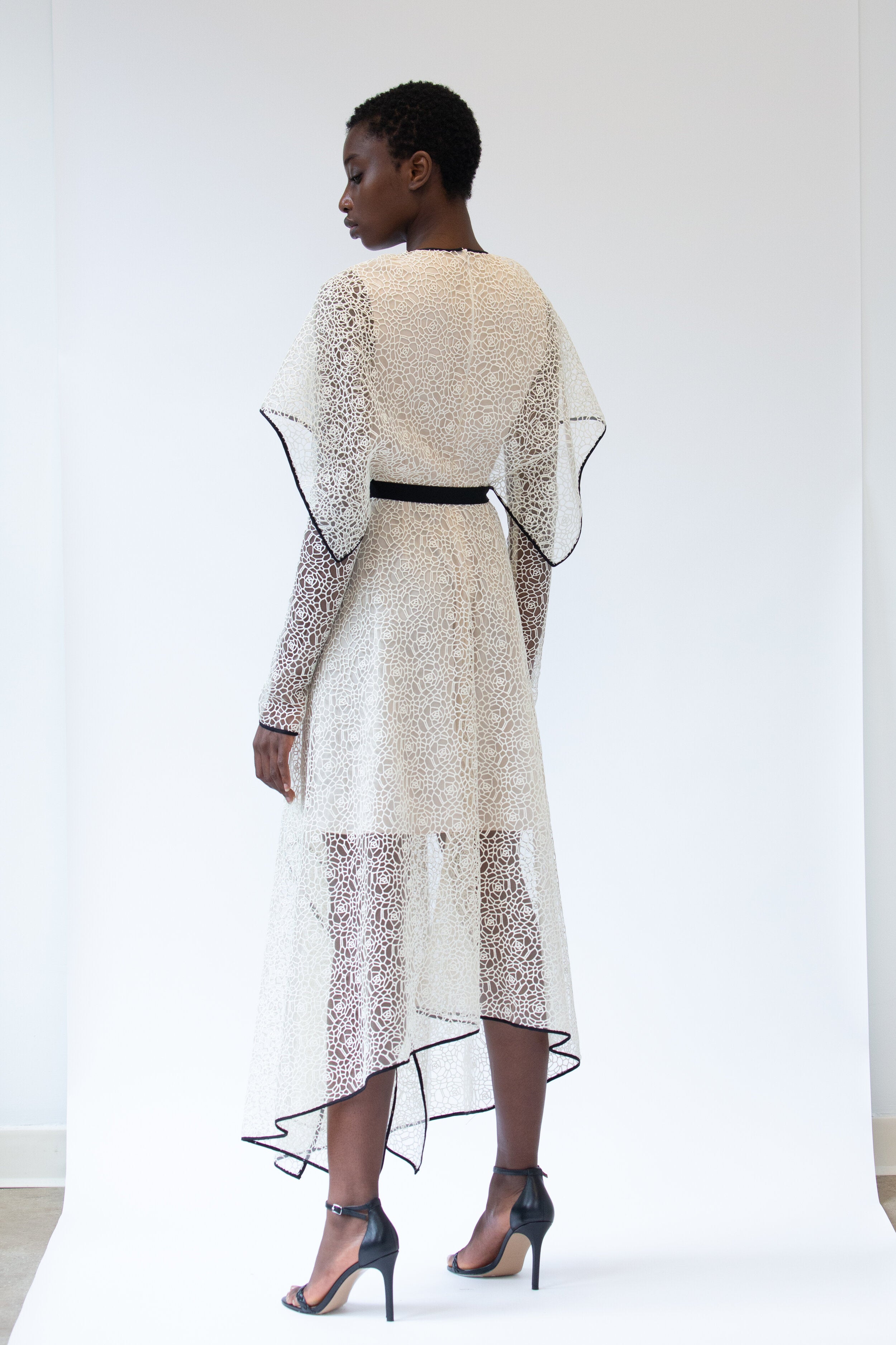 Guipure Lace Dress with Wing Cape and Ribbon Belt