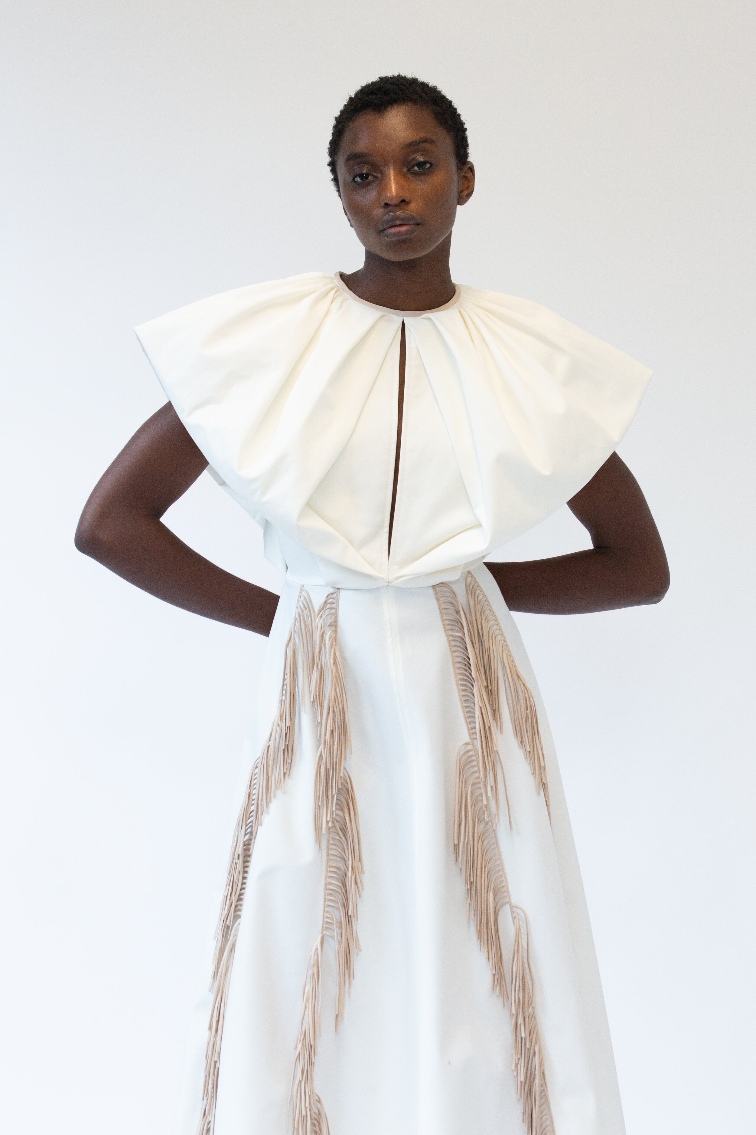 Supima Cotton Twill Dress with Draped Top and Fringes