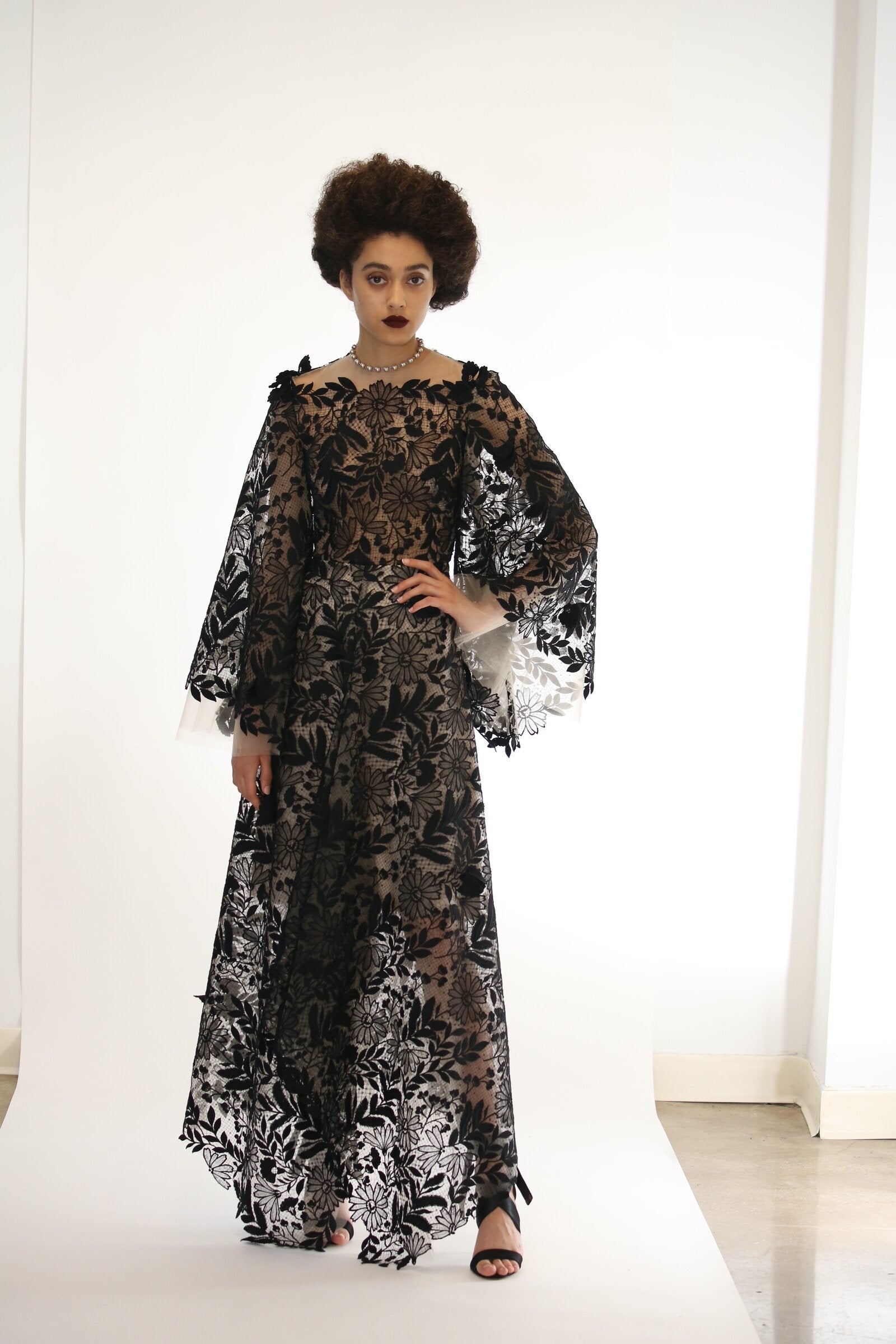 Guipure Lace Dress with Bell Sleeves and Handkerchief Hem 2