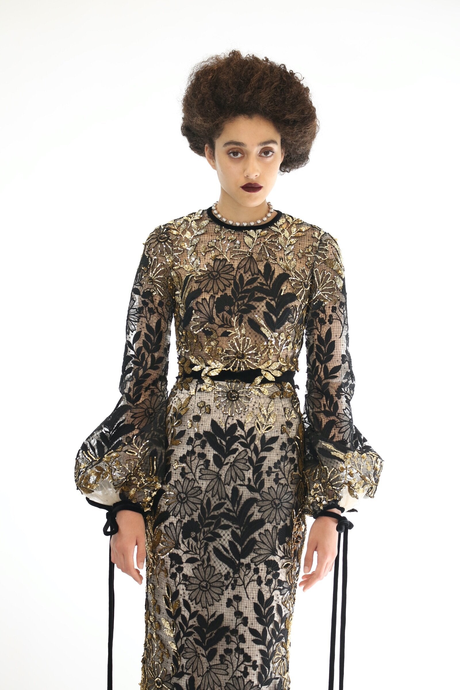 Gold Crystal Embroidery Guipure Lace with Velvet Trims Dress 4