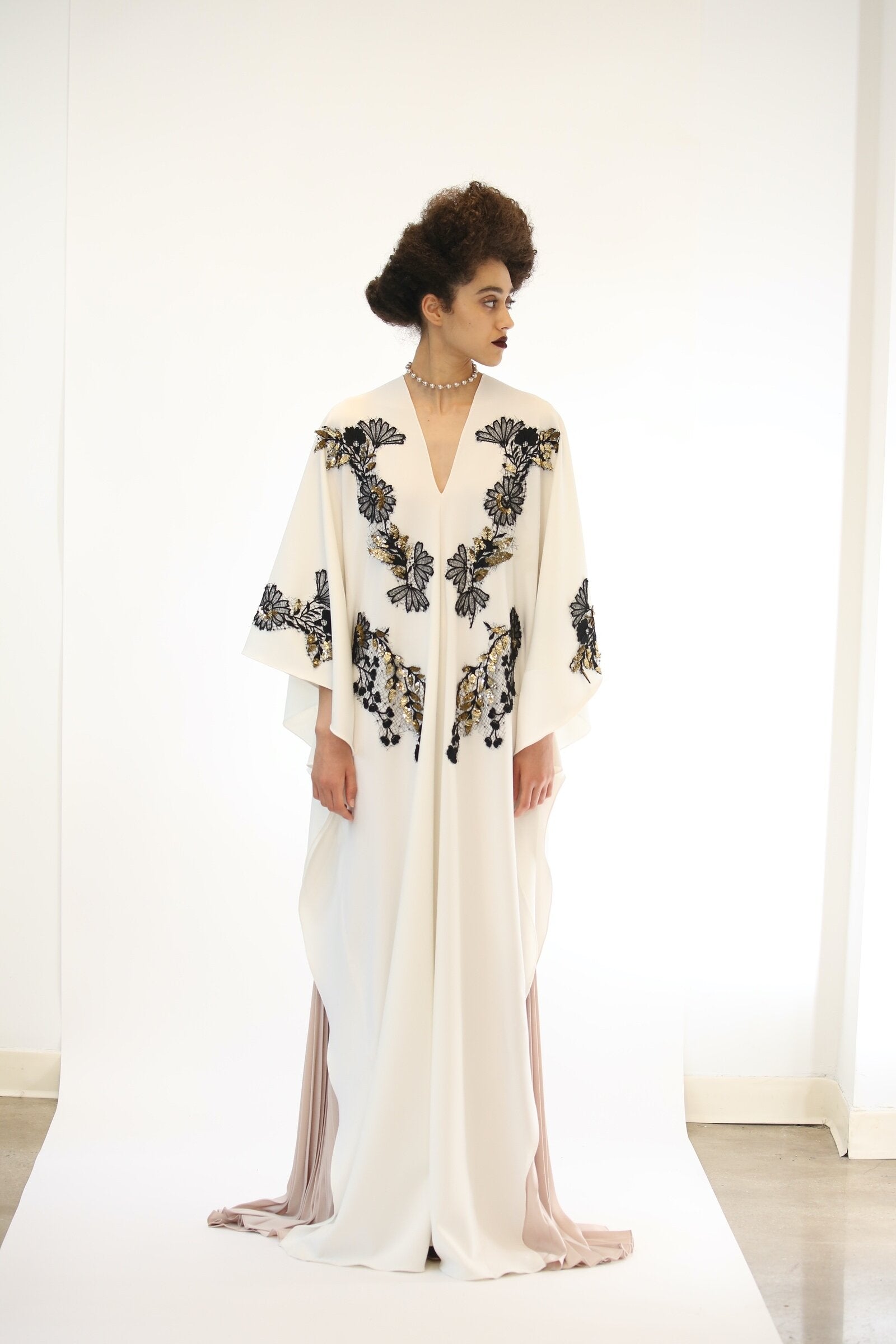 Crepe Kaftan with Gold Crystal Embroidery on Lace and Pleated Inserts 2