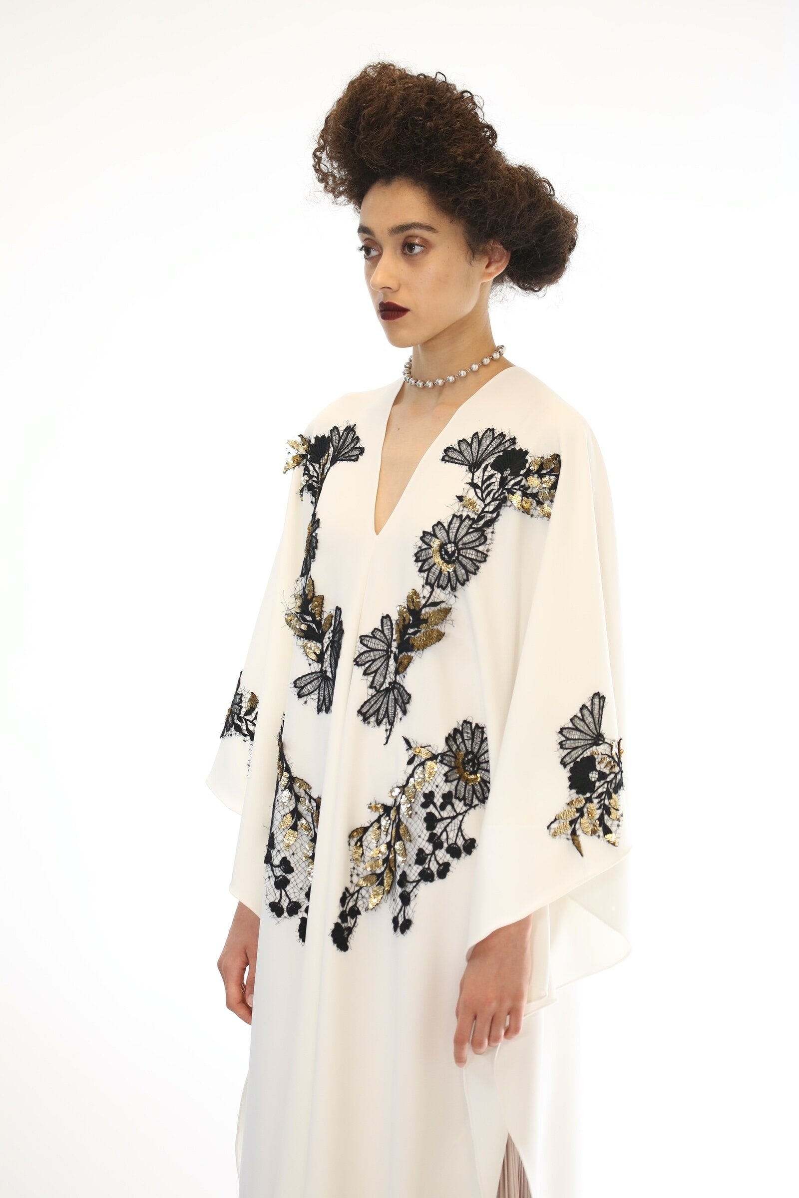 Crepe Kaftan with Gold Crystal Embroidery on Lace and Pleated Inserts 4