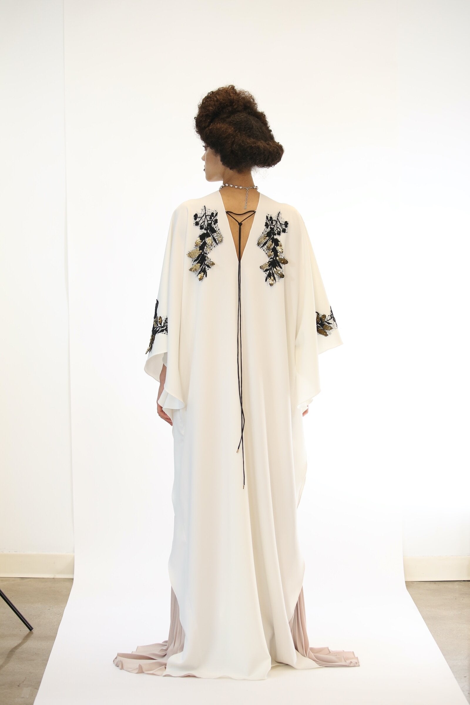 Crepe Kaftan with Gold Crystal Embroidery on Lace and Pleated Inserts 3