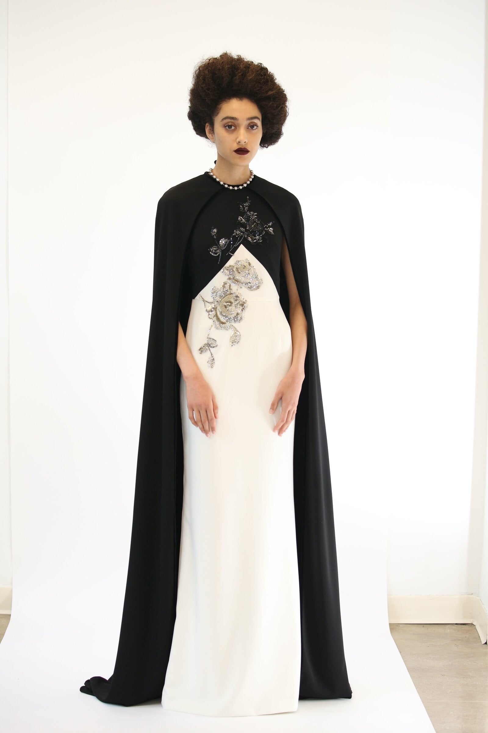 Color Blocked Japanese crepe Crystal Embroidered Gown with Cape 3