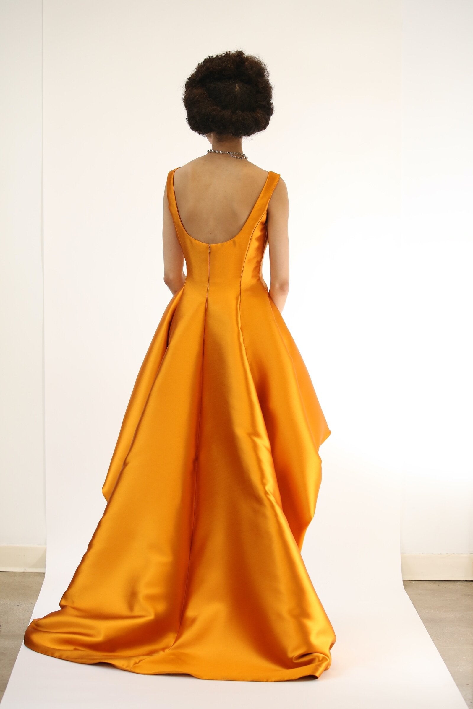 Marigold Silk Barathea Gown with High-Low Bubble Hem 2