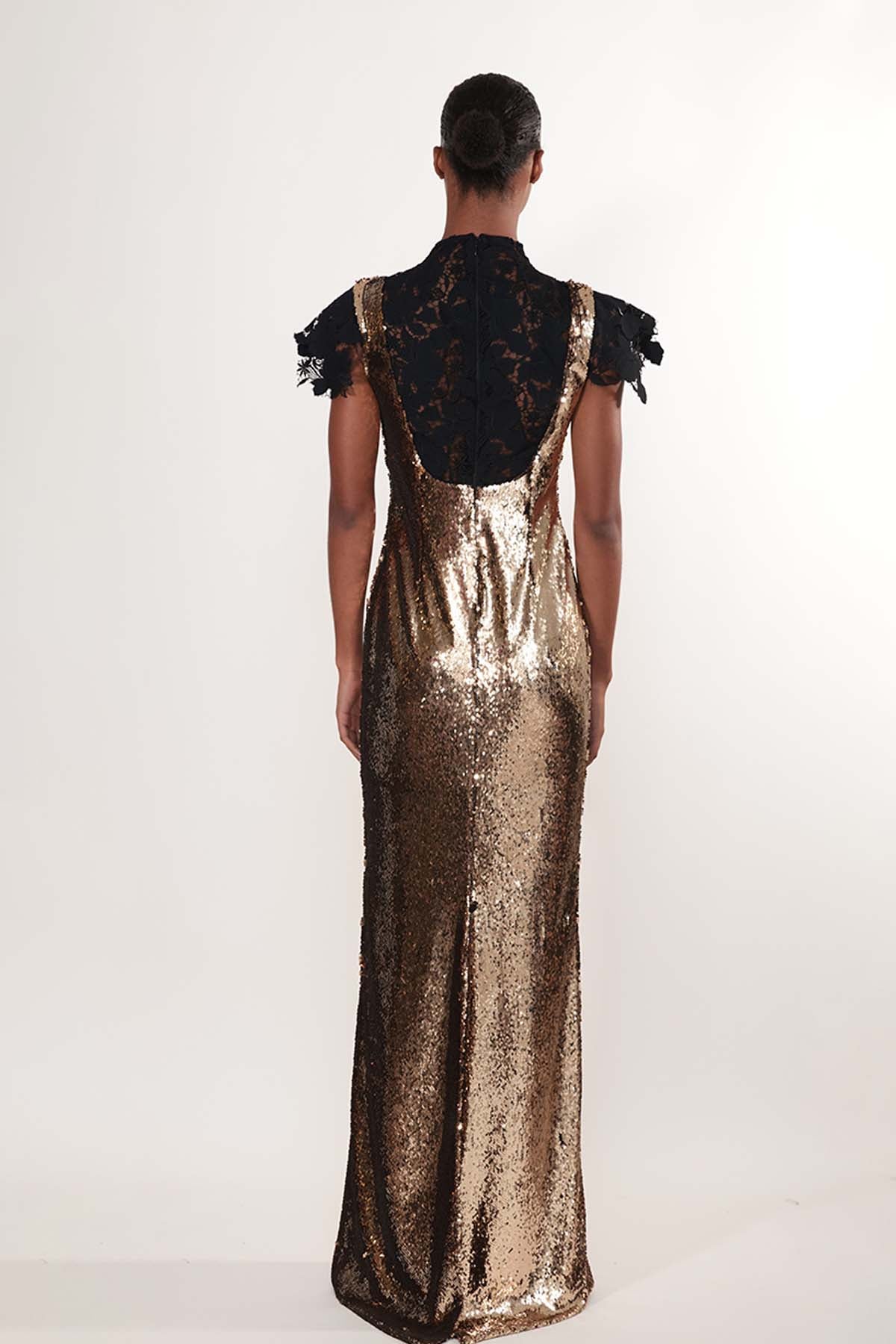 Sequin Gown with Lace Bodice Detail 4
