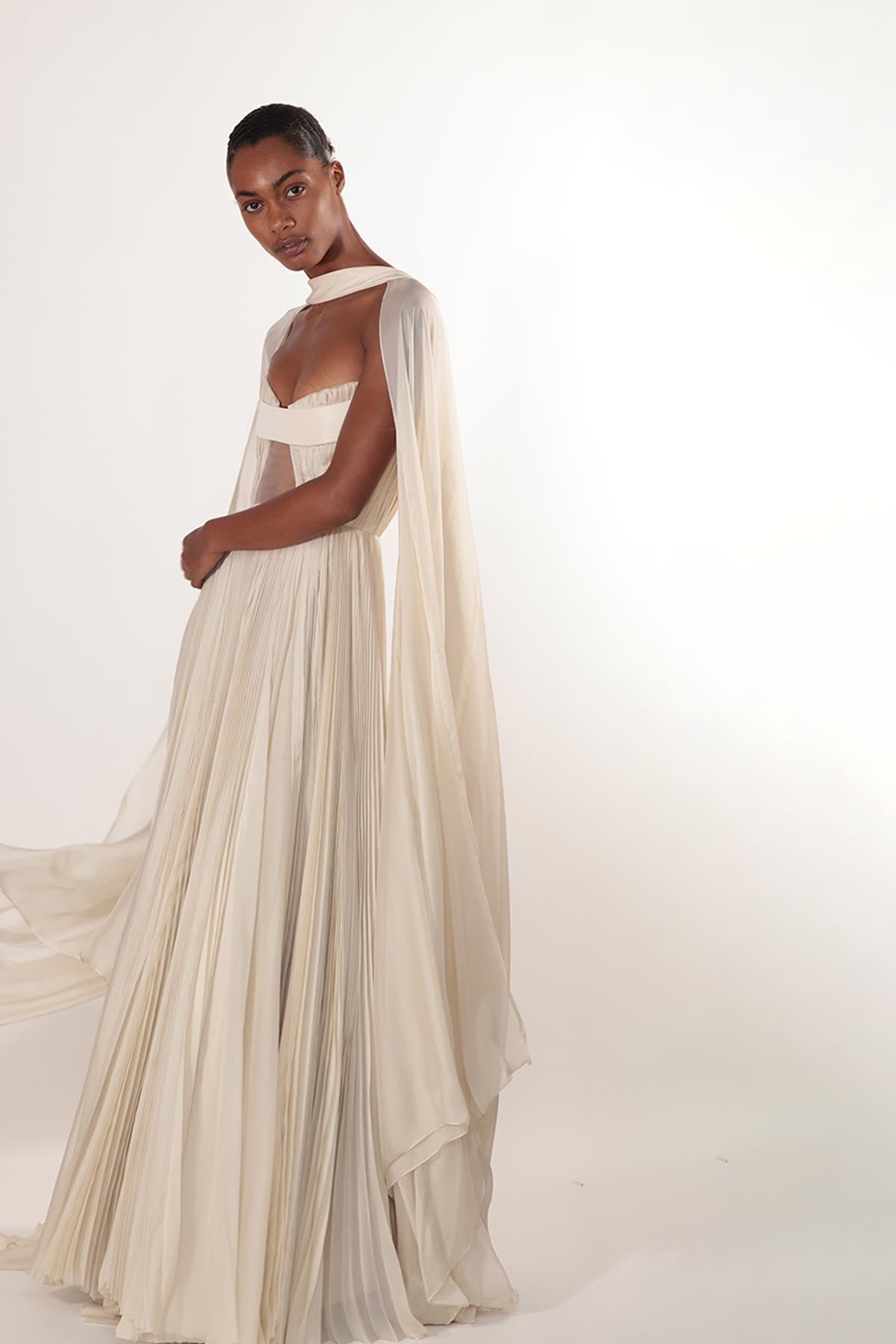 Pleated Silk Chiffon Strapless Gown with Cape Detail 4