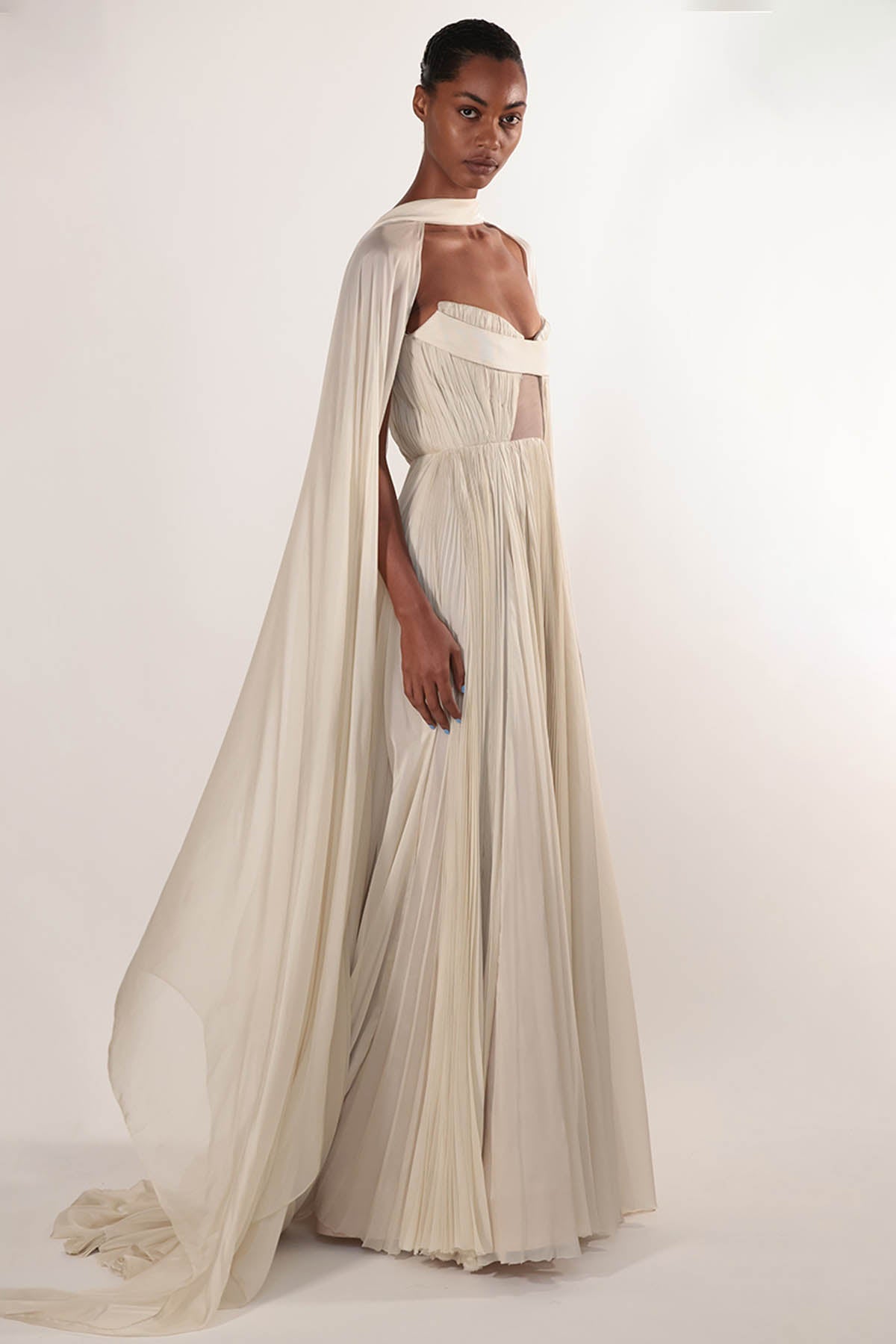 Pleated Silk Chiffon Strapless Gown with Cape Detail 3