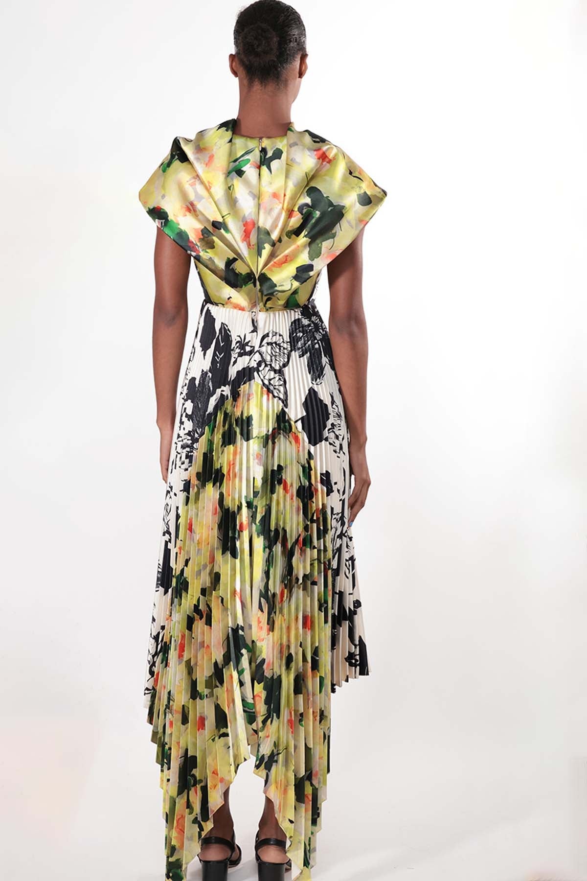 Mixed Print Dress with Draped Wings and Pleated Skirt 3