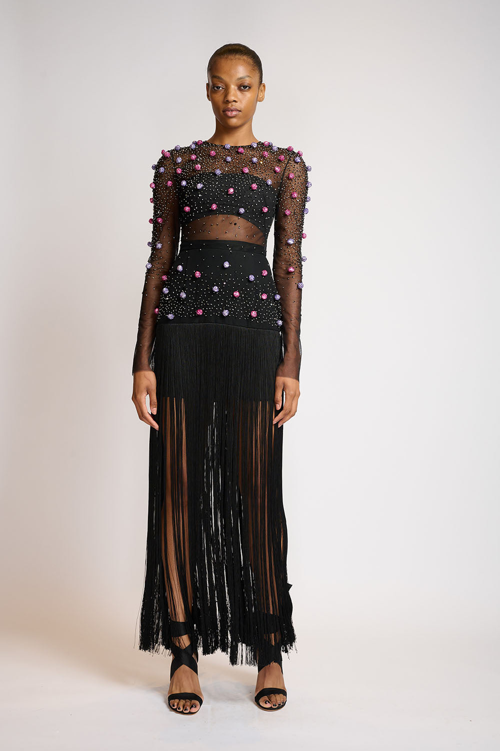 Onyx tulle and Crepe dress with Tassel Hem and Sequined Pearl Embroidery 1
