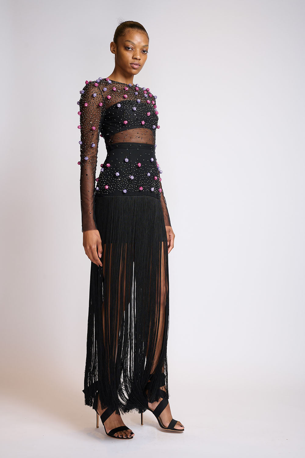 Onyx tulle and Crepe dress with Tassel Hem and Sequined Pearl Embroidery