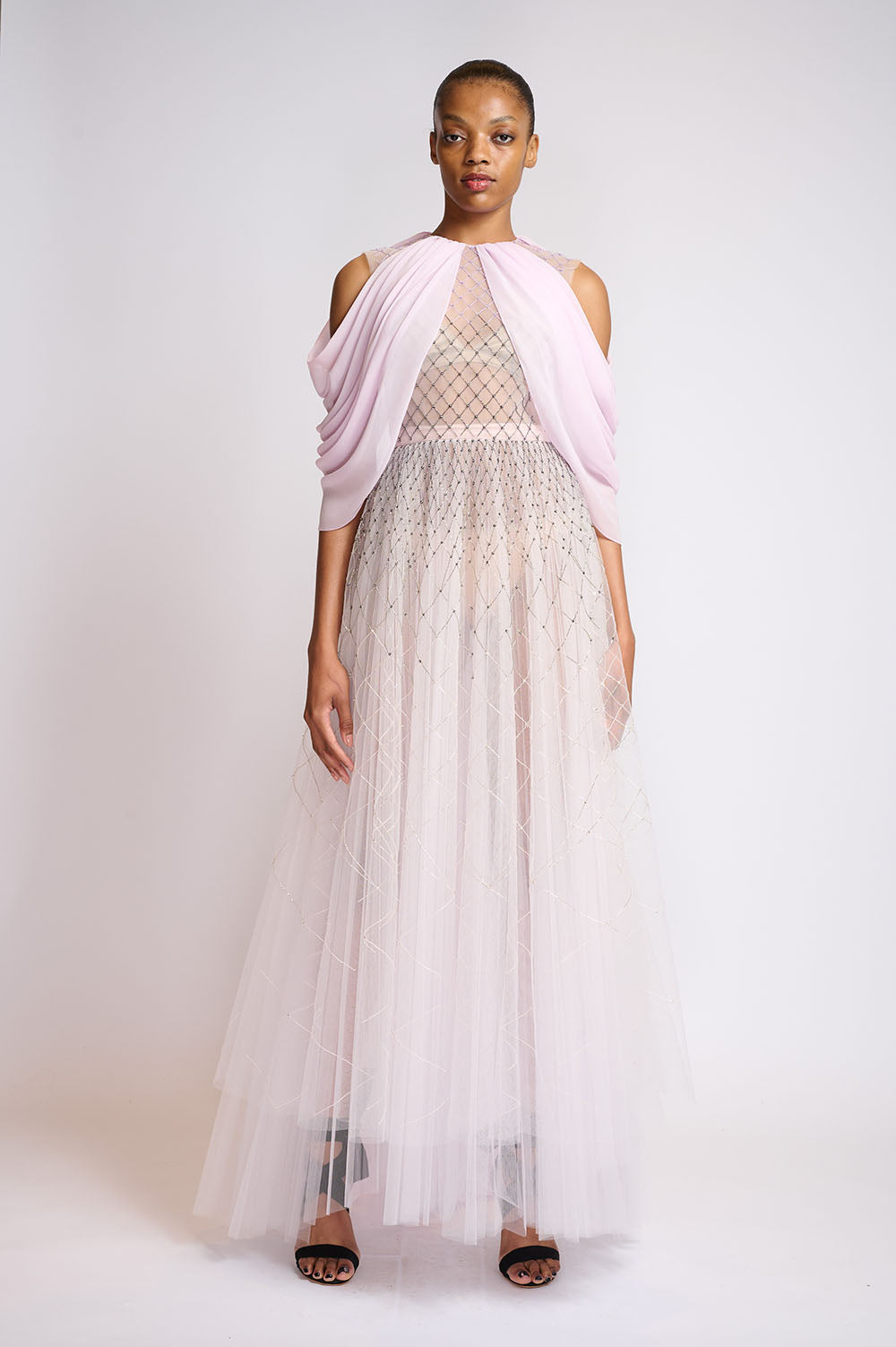 Crystal Lattice Embroidery Lilac Tulle Gown With Silk Chiffon Drape 1