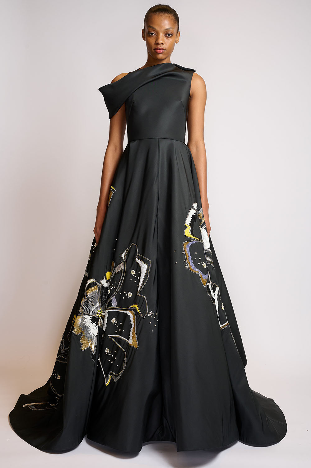 Onyx Faille Gown with Off-Shoulder Bodice and crystal Hibiscus Embroidery 1