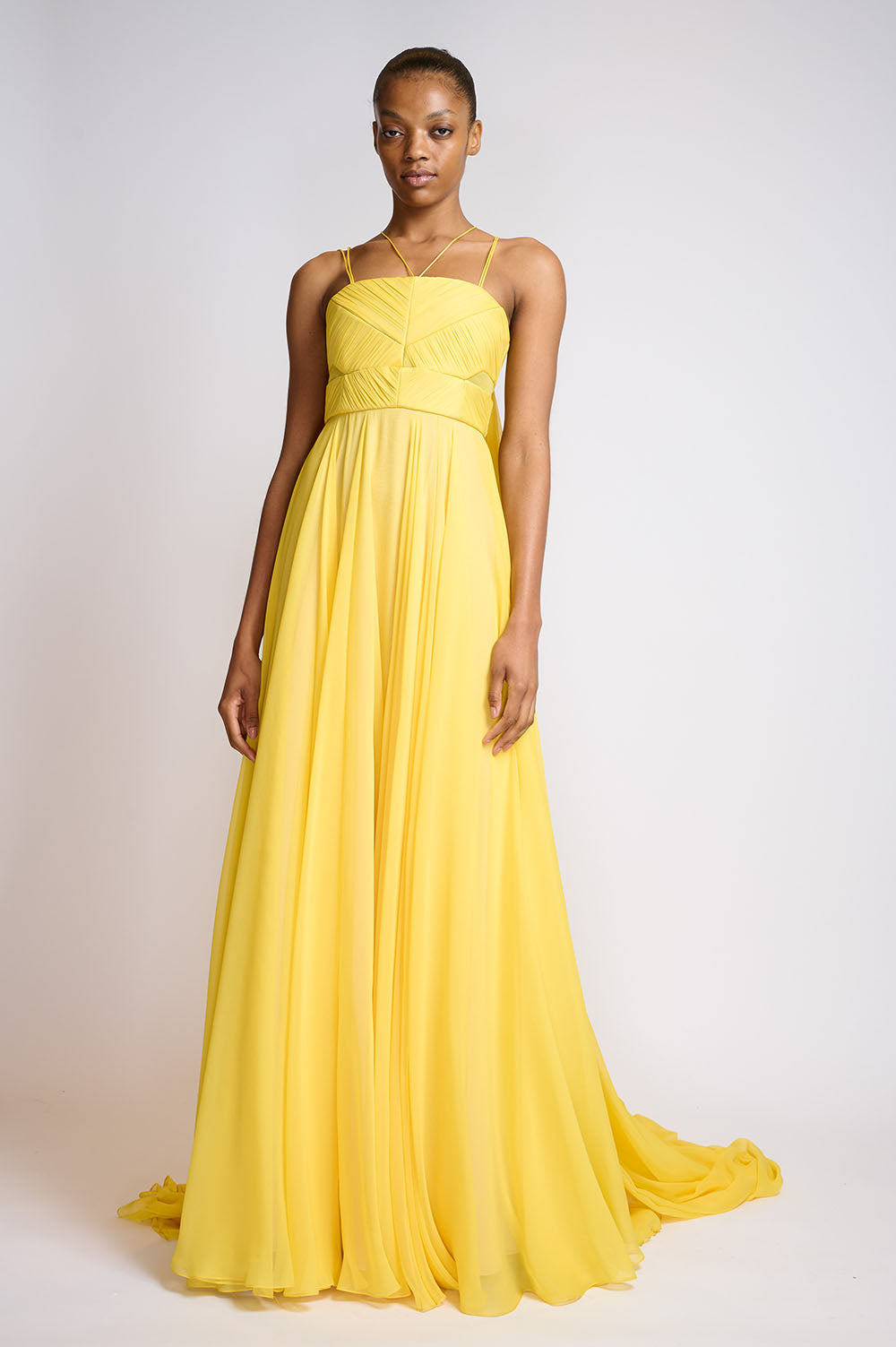 Hand Pleated Daffodil Silk Chiffon Gown With Cape 1