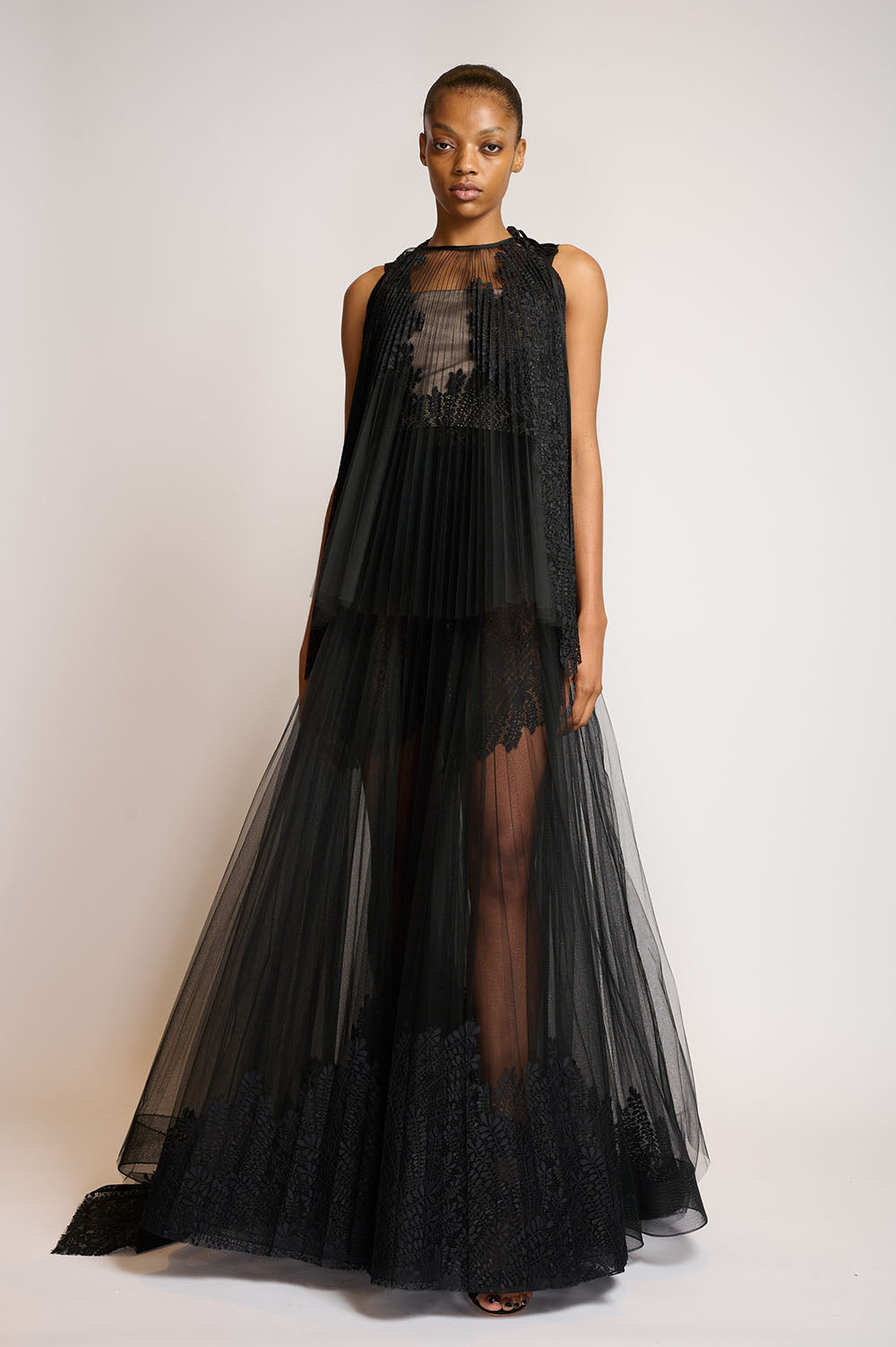 Pleated Locust Leaf lace Gown with Halter Pleated Top 1