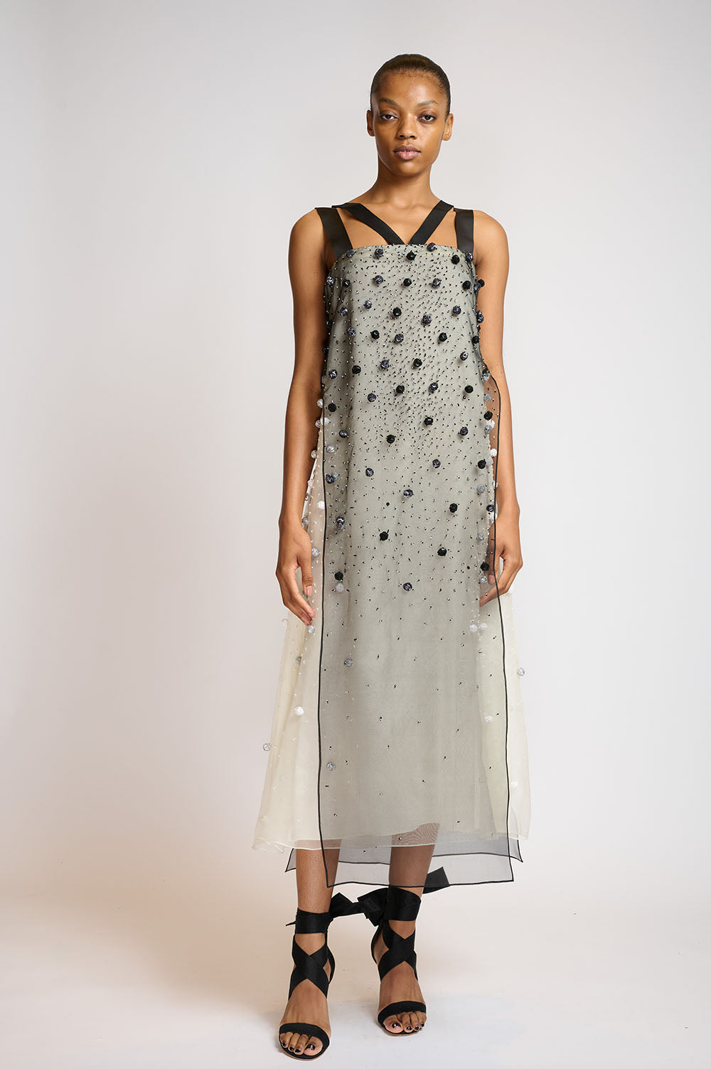 Onyx and Porcelain Silk Organza Dress with Sequined Pearl Embroidery 1