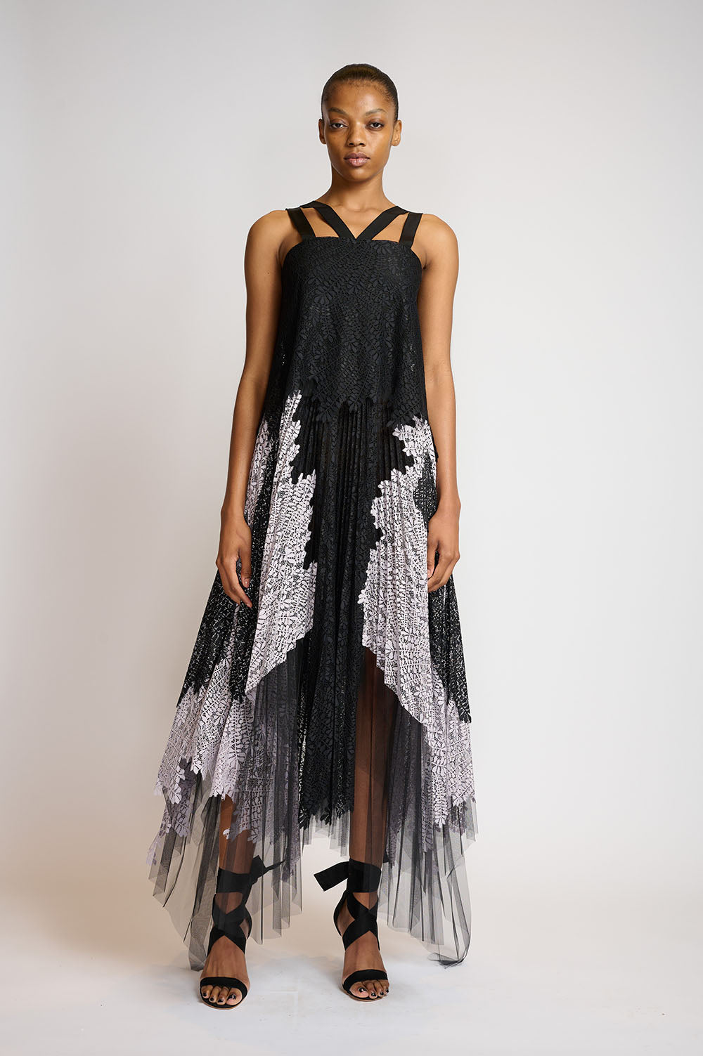 Onyx and Lilac Locust Leaf Applique dress with Asymentrical Pleated hemline 1