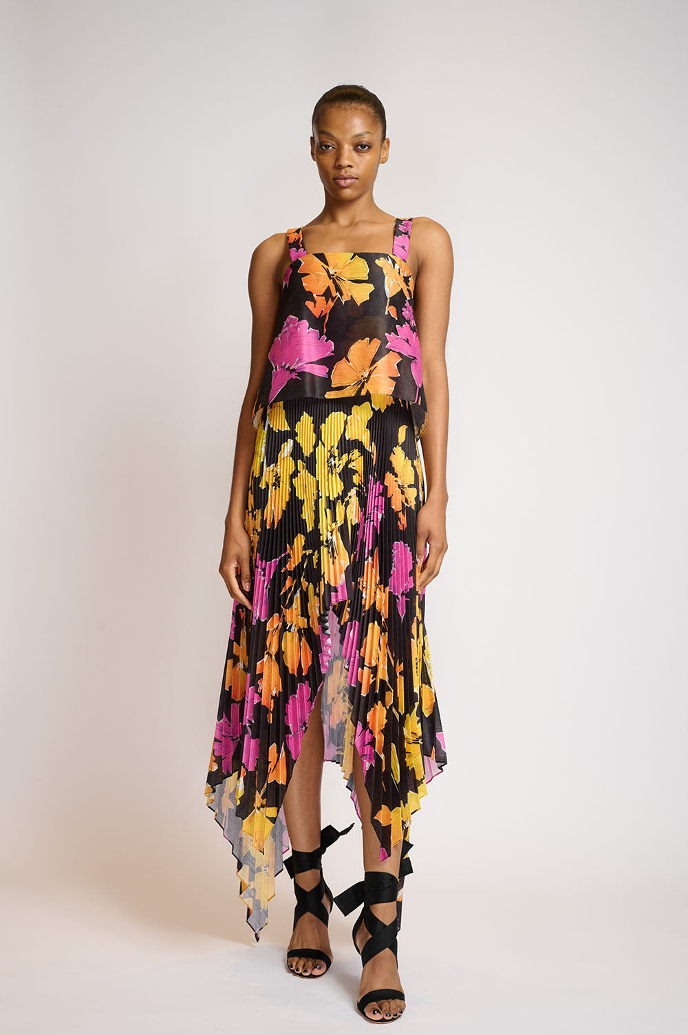 Ombre Hibiscus Printed Dress with Asysmetric Pleated Skirt 1