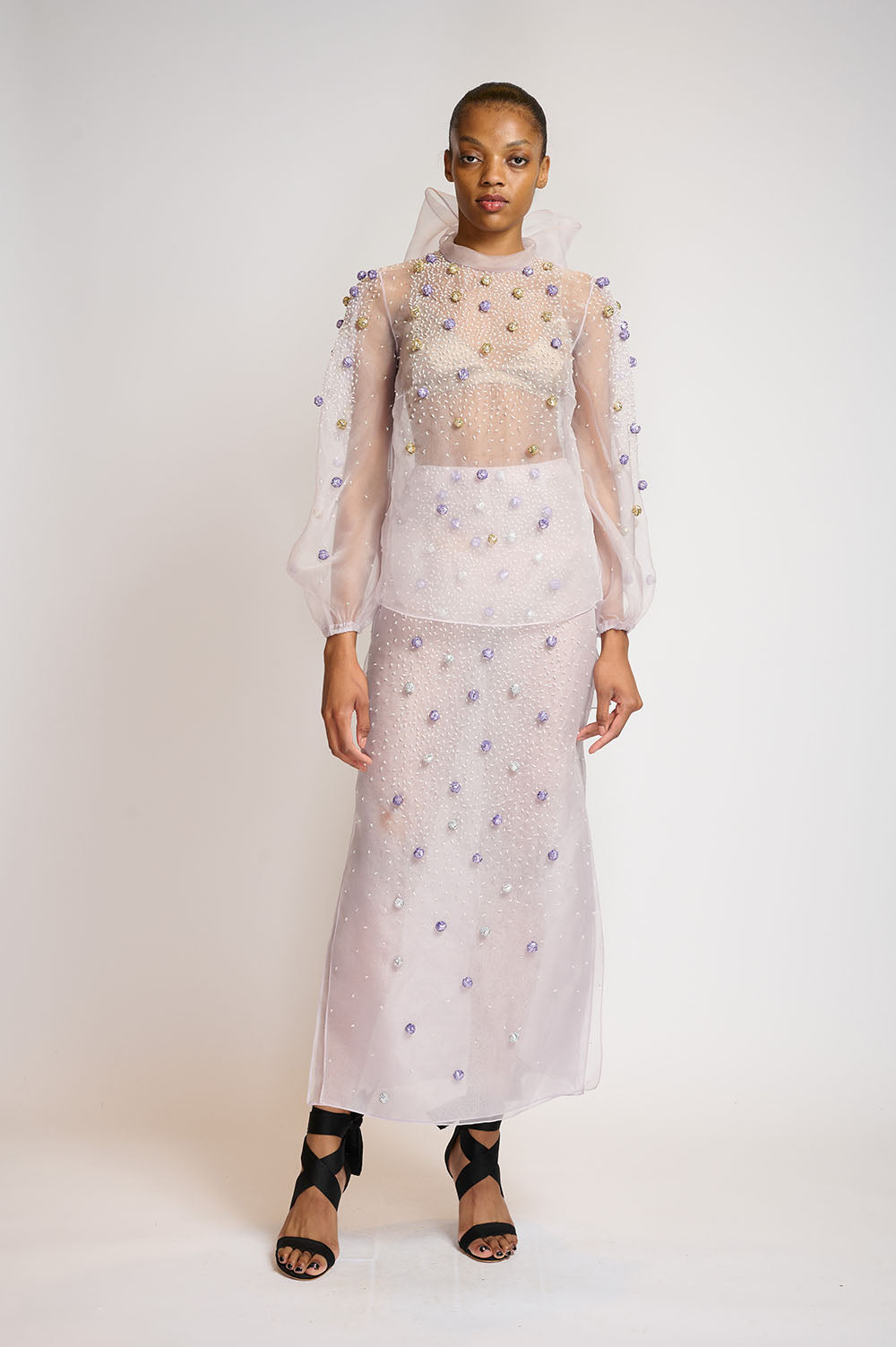Lilac Silk Organza Blouse With Sequined Pearl Embroidery 1