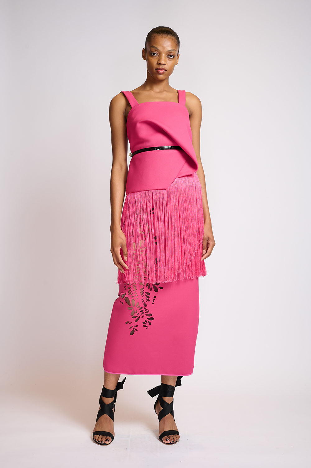 French fuchsia crepe molded top with tassel trim 1
