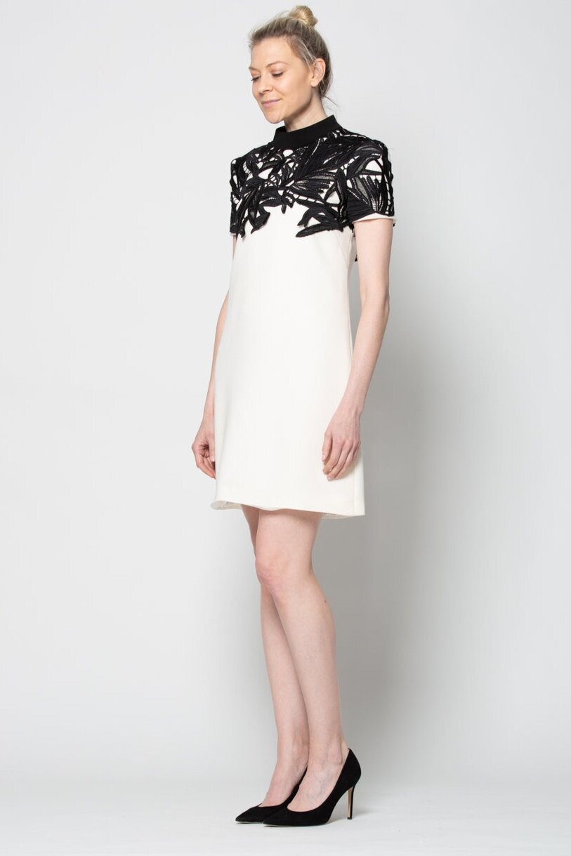 Ivory wool crepe dress with guipure lace appliqué 2